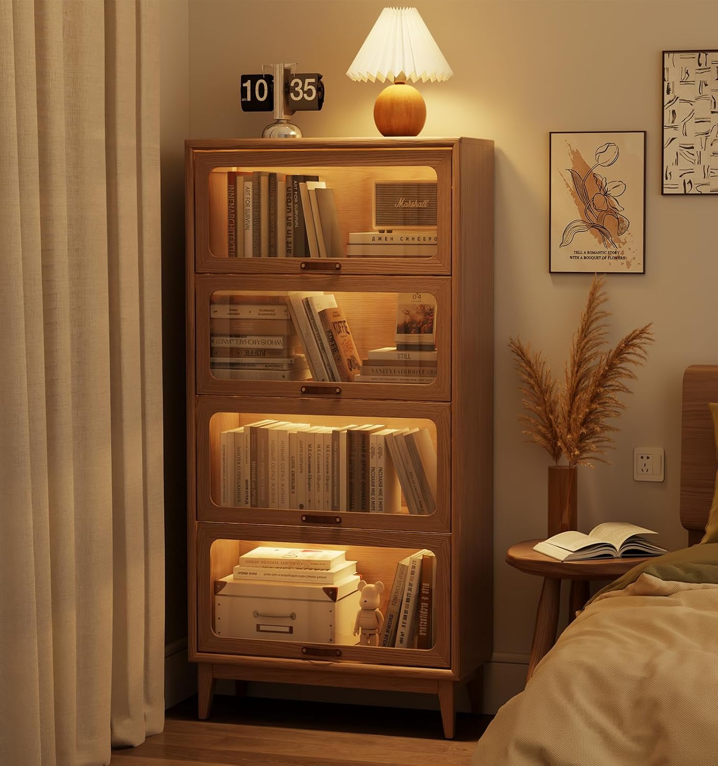 3-Shelf solid wood book case with corrugated tempered glass doors dusty wooden bookshelf Flip-Up Doors original wood midcentury modern book cases/shelves 3 tier for home office with installation tool