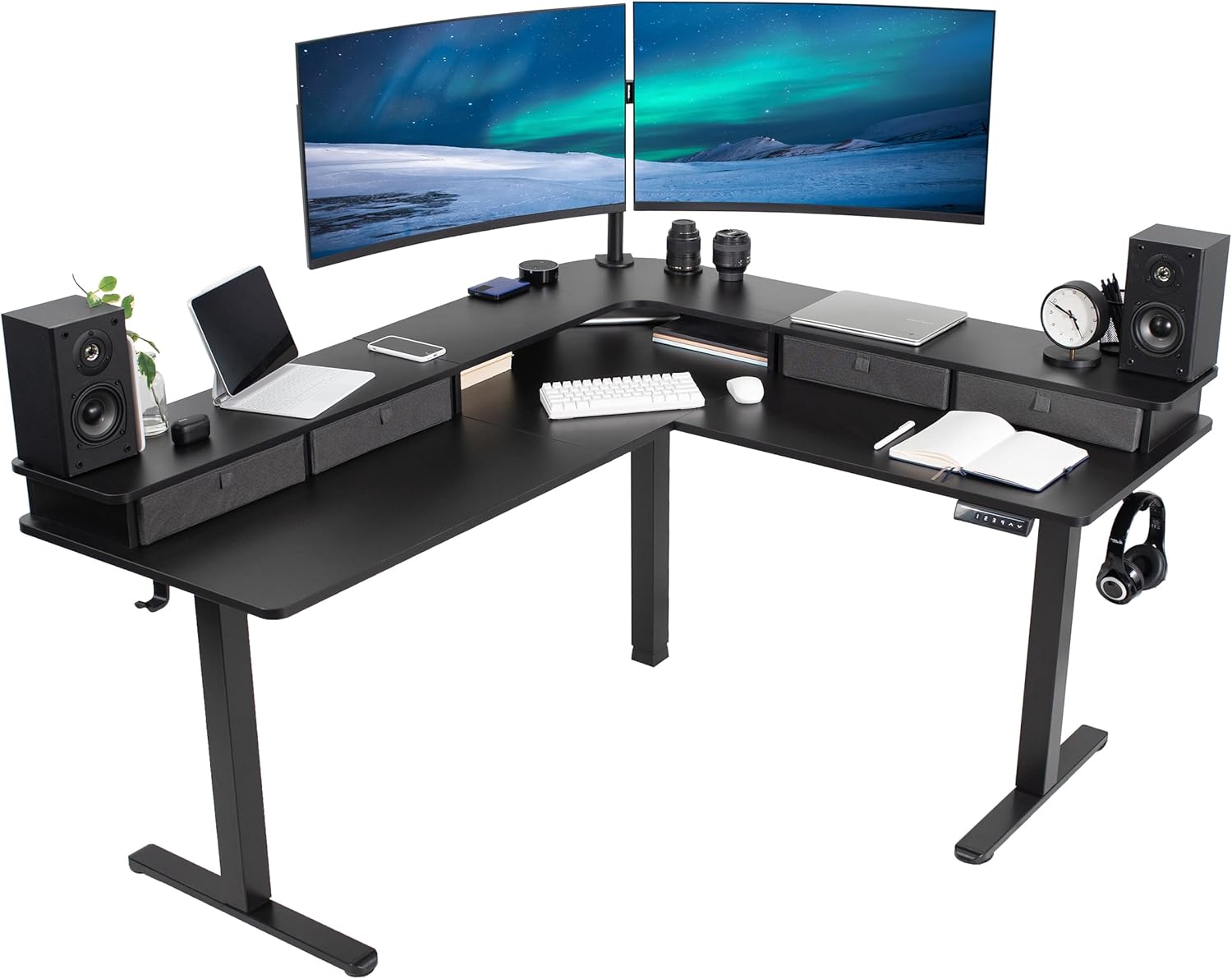 VIVO Electric Corner 63 x 55 inch L-Shaped Standing Desk, Memory Height Adjustment, Black Top Black Frame, DESK-E3CTB