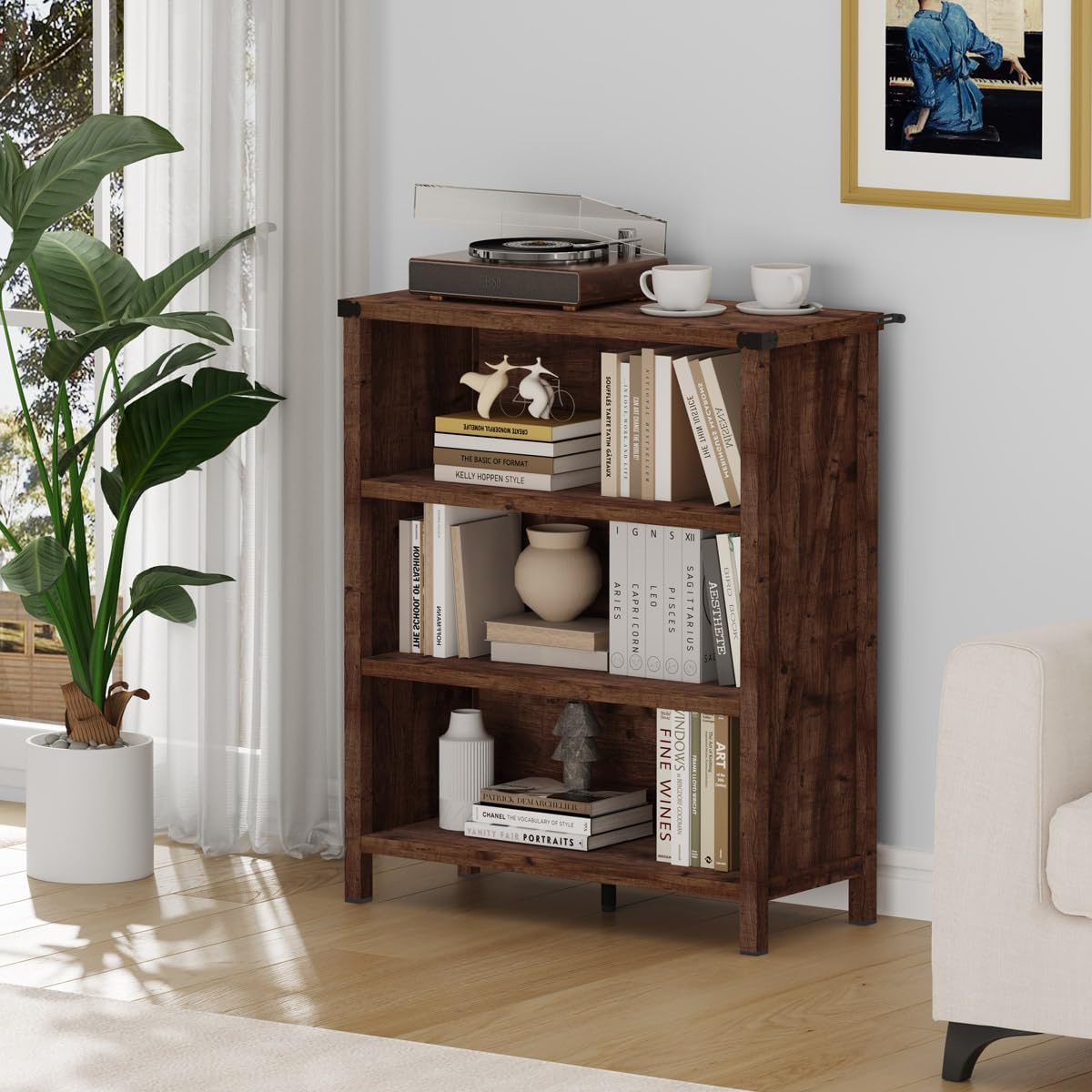 BON AUGURE Rustic Short Bookshelf, 3 Shelf Bookcase, Small Wood Low Book Cases/Shelves, Farmhouse Storage Tier Book Shelves for Home Office, Living Room, Small Space (Rustic Oak)