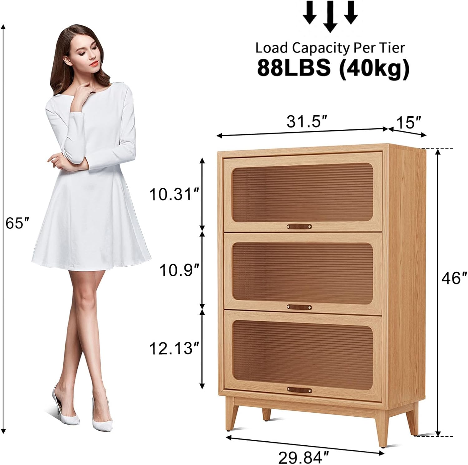 3-Shelf solid wood book case with corrugated tempered glass doors dusty wooden bookshelf Flip-Up Doors original wood midcentury modern book cases/shelves 3 tier for home office with installation tool