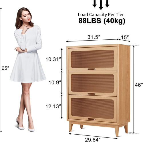 3-Shelf solid wood book case with corrugated tempered glass doors dusty wooden bookshelf Flip-Up Doors original wood midcentury modern book cases/shelves 3 tier for home office with installation tool