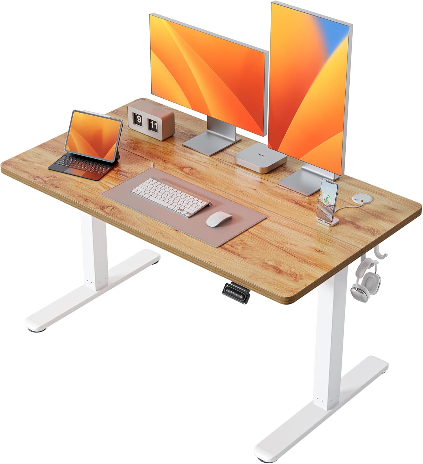 FEZIBO Standing Desk, 48 × 24 Inches Electric Height Adjustable, Sit and Stand Up, Computer Office Desk with Splice Board, White Frame/Maple TOP
