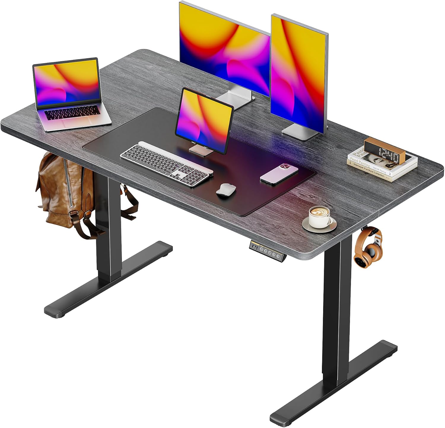 Huuger 63 x 28 Large Electric Standing Desk, Height Adjustable Computer Desk, 27.6" Deep Desktop, Stand up Gaming Office Table with 2 Hooks, 3 Preset Heights, for Home Office, Black