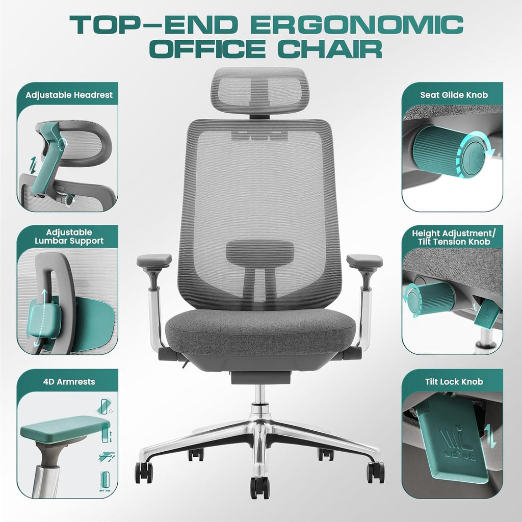 COLAMY Ergonomic Mesh Office Chair, High Back Office Chair, Computer Executive Desk Chair with Lumbar Support,Adjustable Headrest and 4D Arms, Slide Seat, Tilt Lock-Darkgrey New