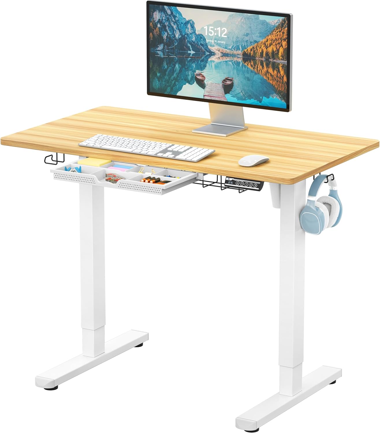 SHW 55 x 28 Inches Electric Height Adjustable Standing Desk with Drawer and Memory Preset, Maple