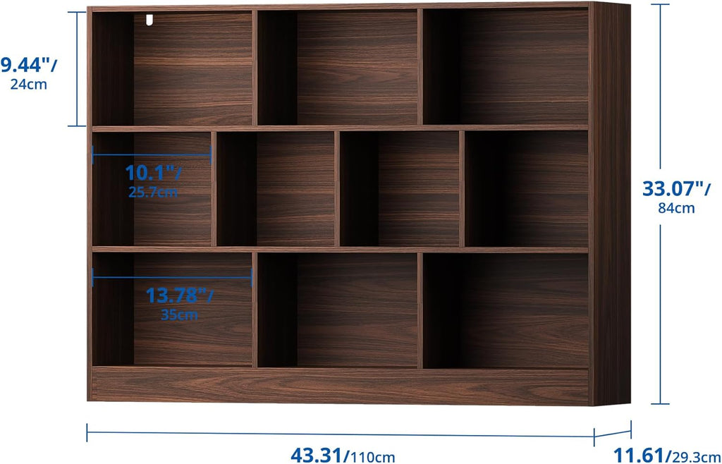 Cozy Castle Brown Bookshelf, 3-Tier Open Shelf Bookcase, 10 Cube Storage Organizer with Anti-Tilt Device, Freestanding Book Storage Shelves for Bedroom, Living Room