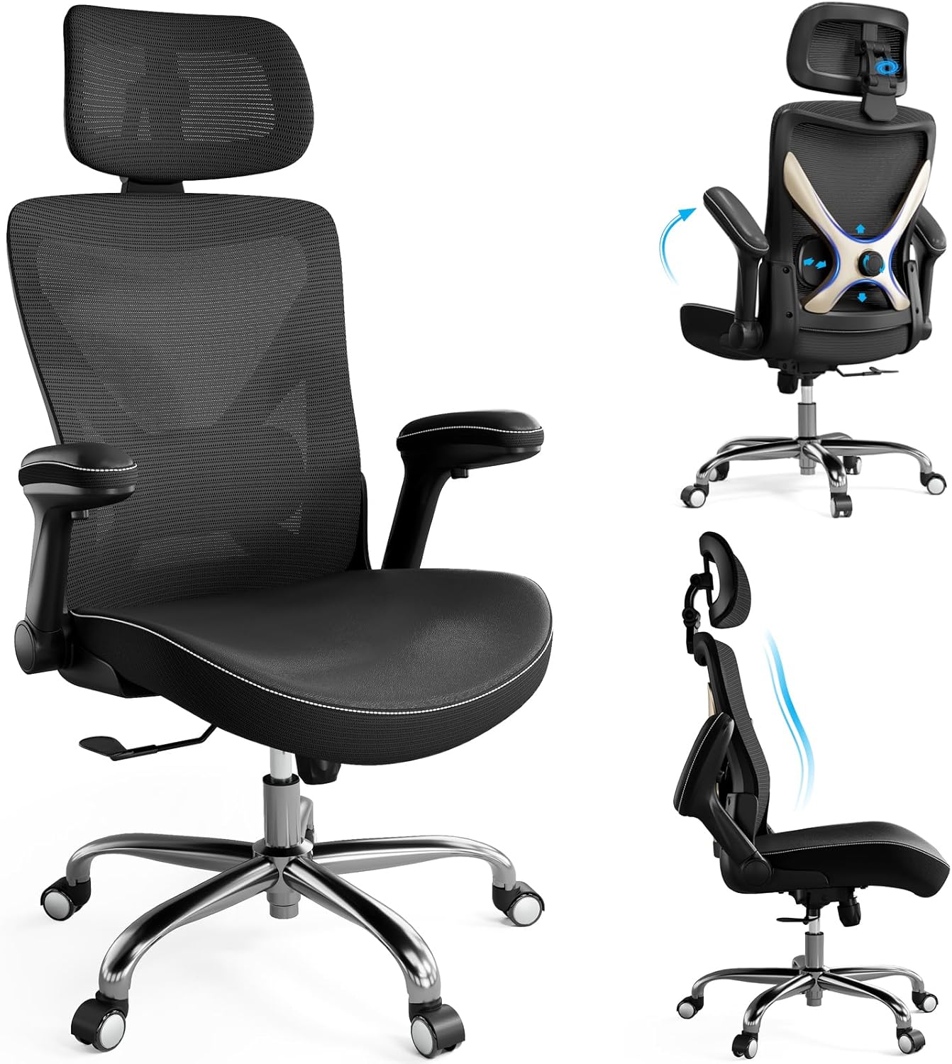 Ergonomic Office Chair-Computer X-Shaped Chair Mesh PU Leather with Adjustable Lumbar Support-Executive Desk Chair High Back with Headrest Flip-Up Arms for Long Hours (Black)