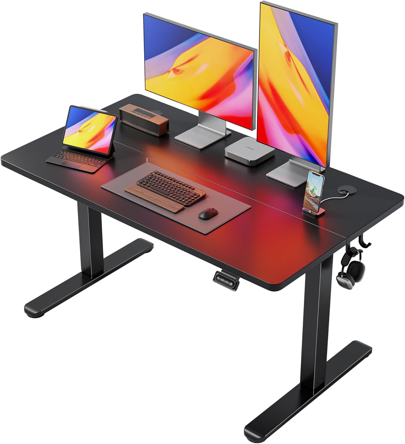 FEZIBO Standing Desk, 48 × 24 Inches Electric Height Adjustable, Sit and Stand Up, Computer Office Desk with Splice Board, White Frame/Maple TOP