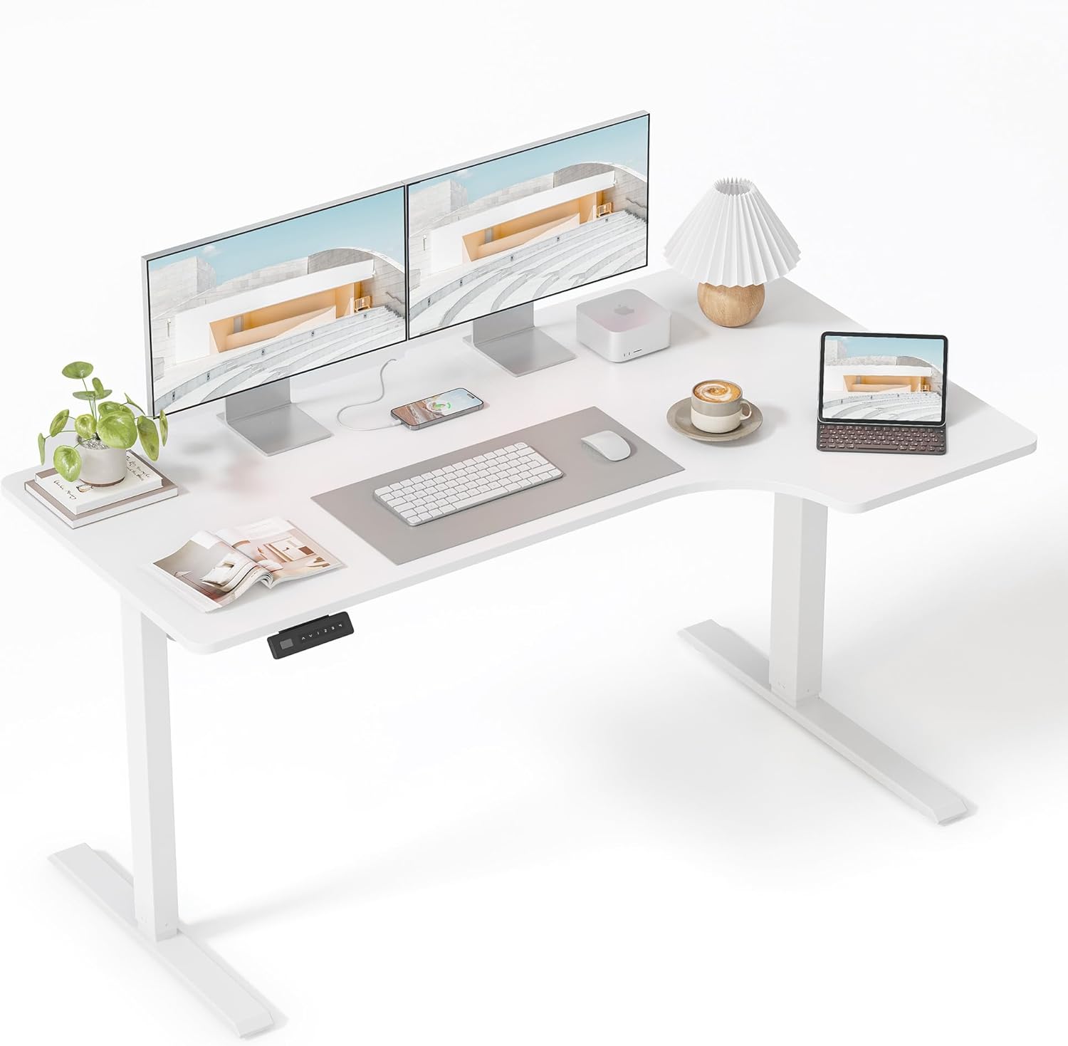 FEZIBO Standing Desk, 48 × 24 Inches Electric Height Adjustable, Sit and Stand Up, Computer Office Desk with Splice Board, White Frame/Maple TOP
