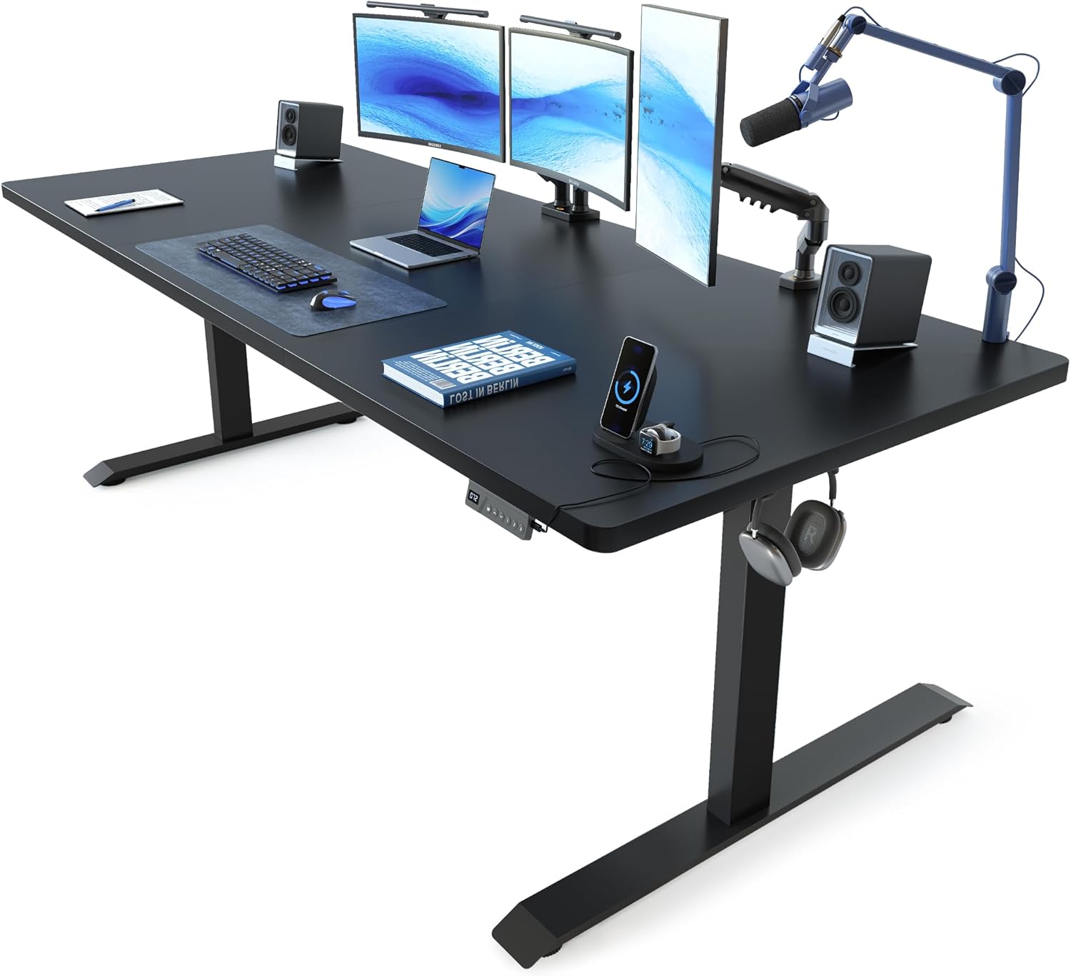 FEZIBO Standing Desk, 48 × 24 Inches Electric Height Adjustable, Sit and Stand Up, Computer Office Desk with Splice Board, White Frame/Maple TOP