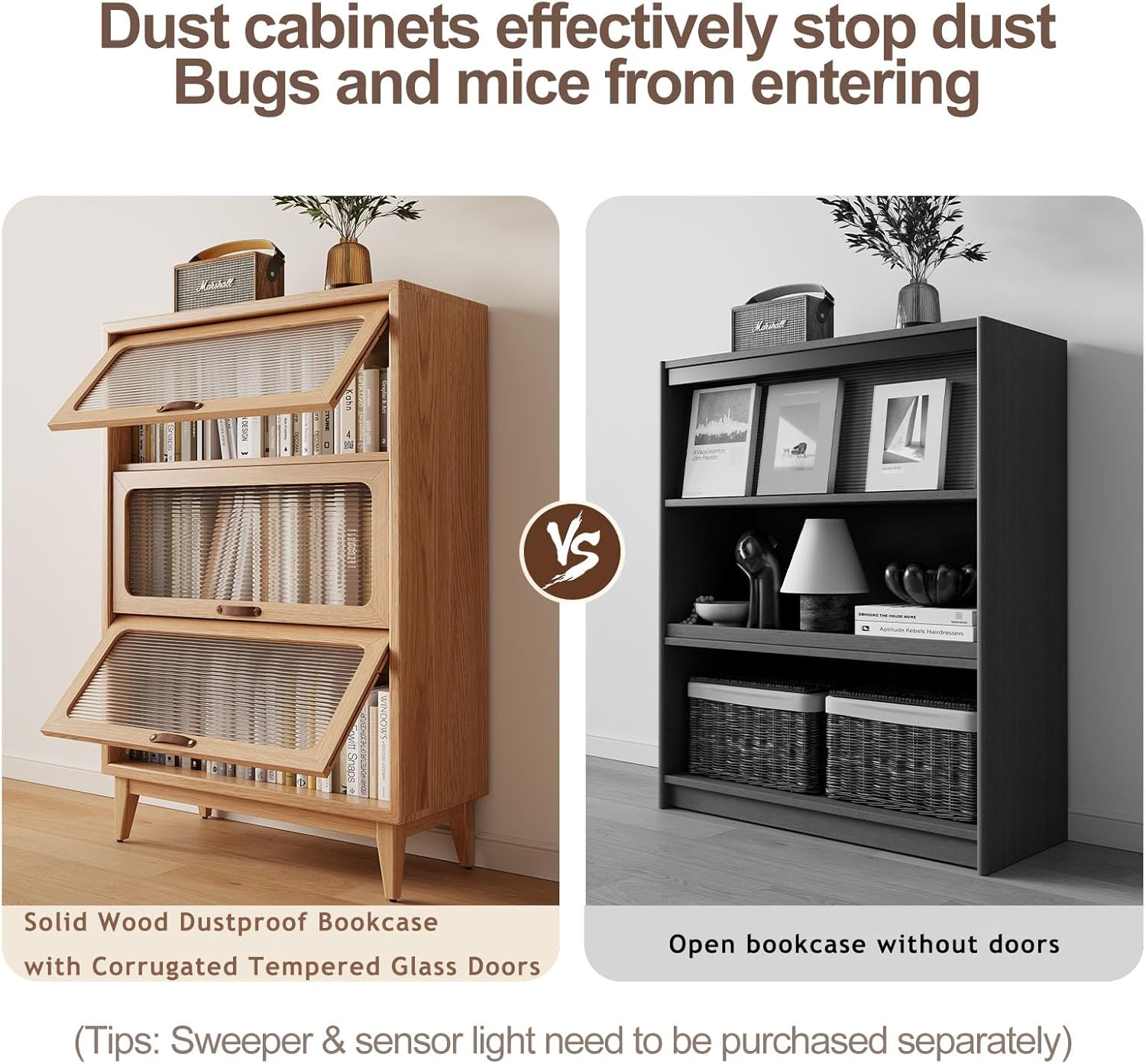 3-Shelf solid wood book case with corrugated tempered glass doors dusty wooden bookshelf Flip-Up Doors original wood midcentury modern book cases/shelves 3 tier for home office with installation tool