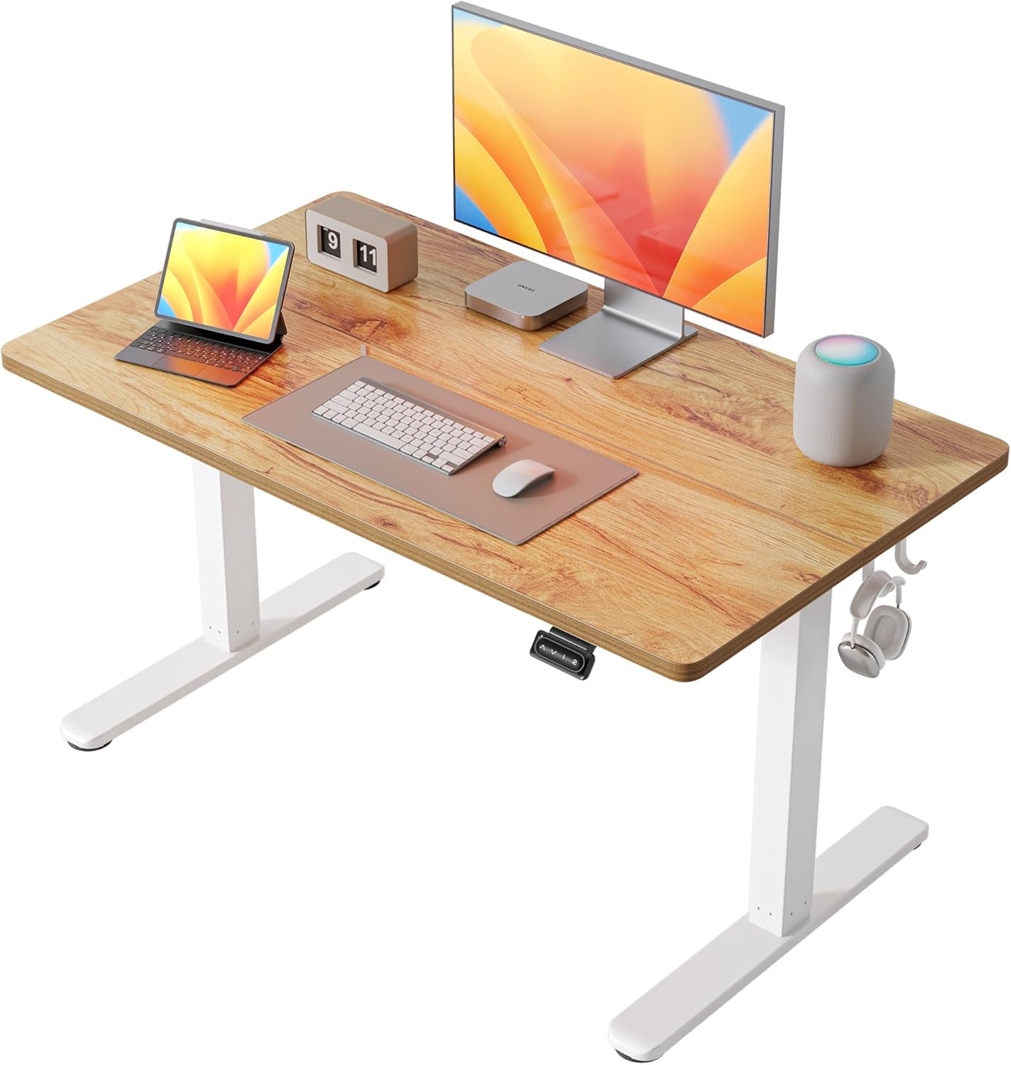 FEZIBO Standing Desk, 48 × 24 Inches Electric Height Adjustable, Sit and Stand Up, Computer Office Desk with Splice Board, White Frame/Maple TOP