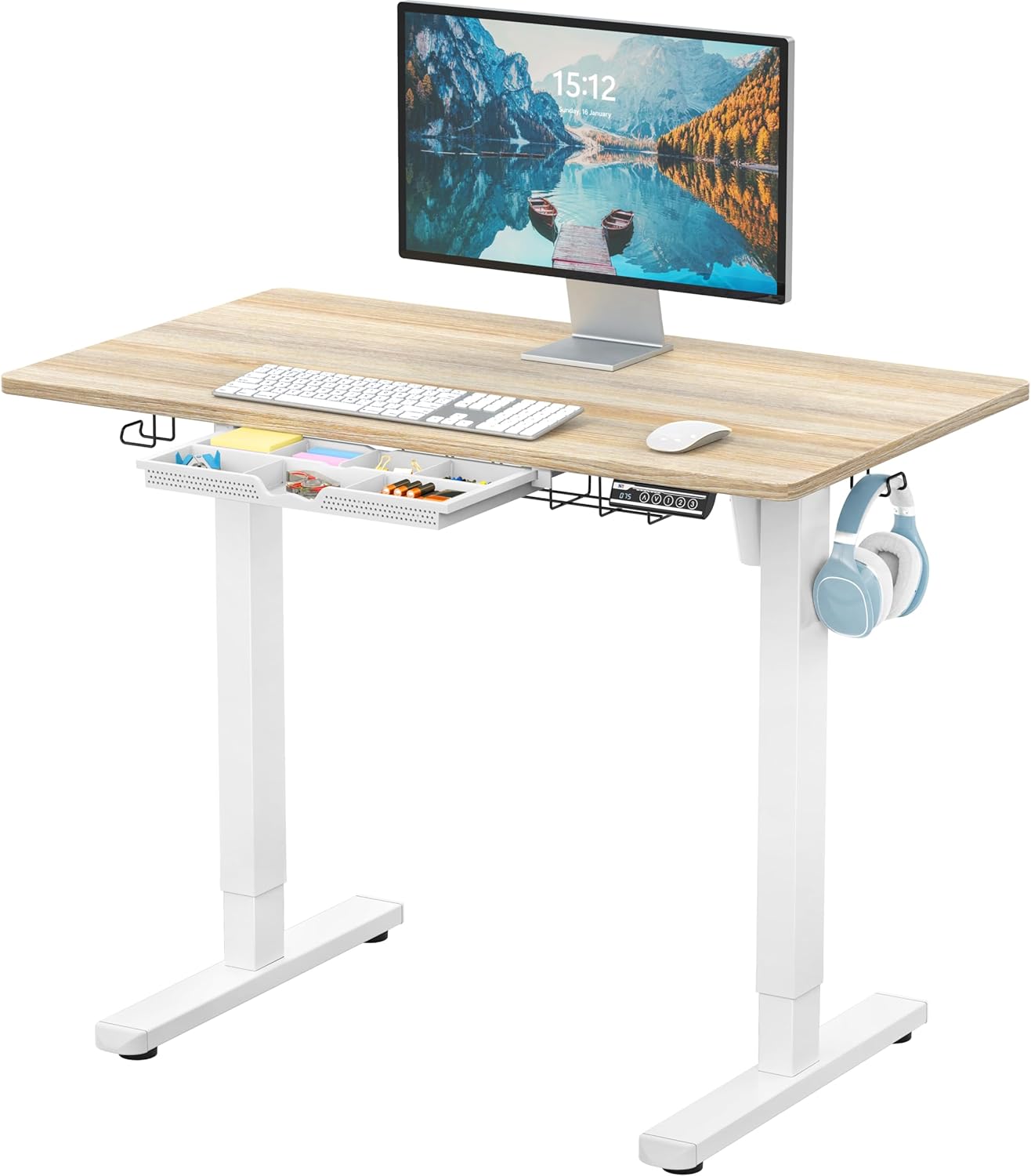 SHW 55 x 28 Inches Electric Height Adjustable Standing Desk with Drawer and Memory Preset, Maple