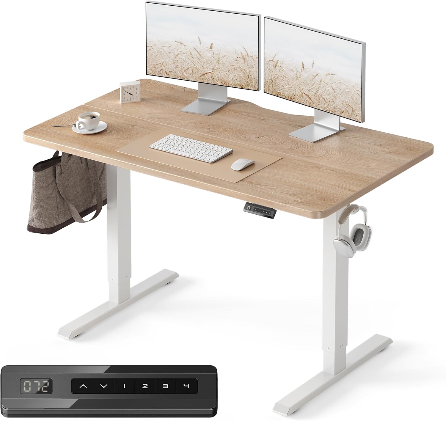 FEZIBO Standing Desk, 48 × 24 Inches Electric Height Adjustable, Sit and Stand Up, Computer Office Desk with Splice Board, White Frame/Maple TOP