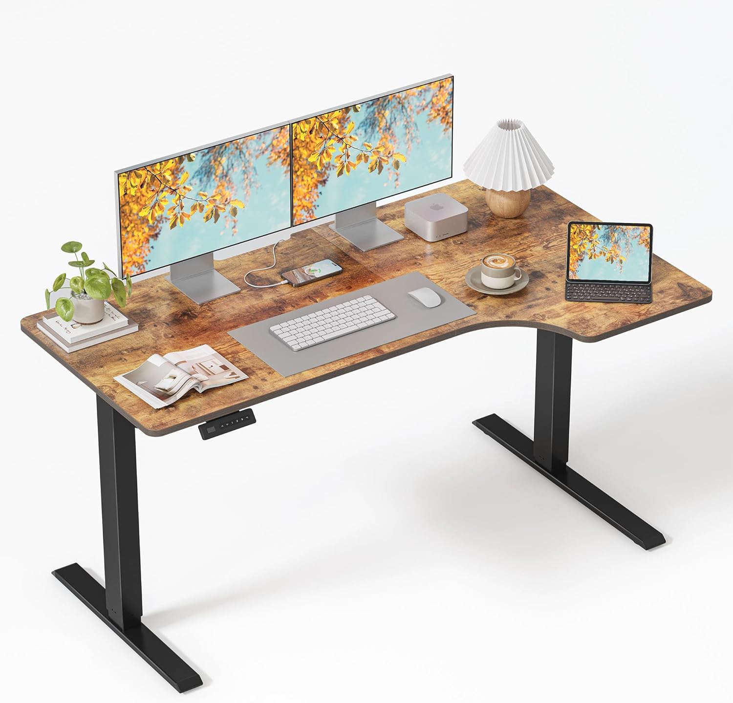 FEZIBO Standing Desk, 48 × 24 Inches Electric Height Adjustable, Sit and Stand Up, Computer Office Desk with Splice Board, White Frame/Maple TOP