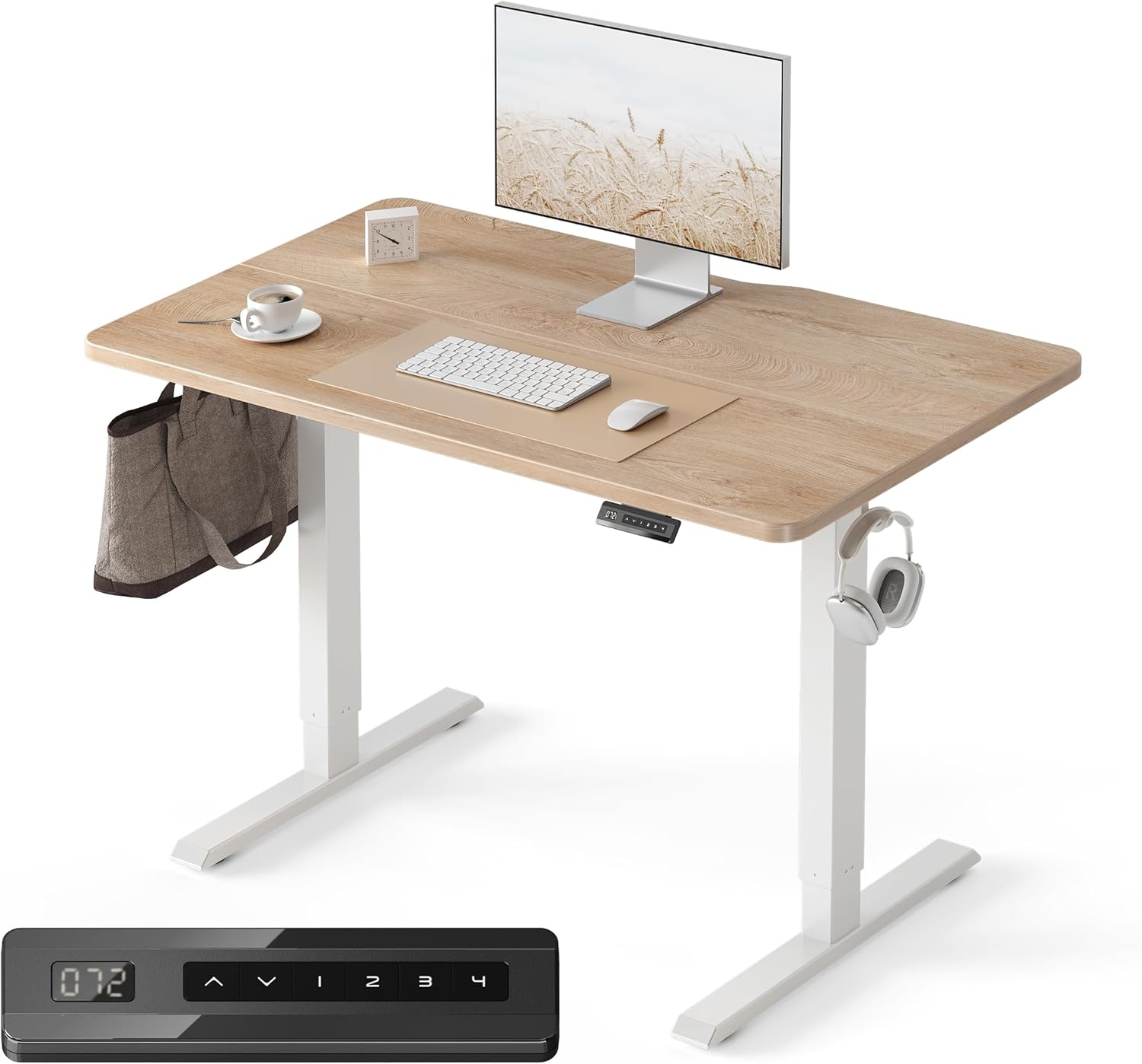 FEZIBO Standing Desk, 48 × 24 Inches Electric Height Adjustable, Sit and Stand Up, Computer Office Desk with Splice Board, White Frame/Maple TOP