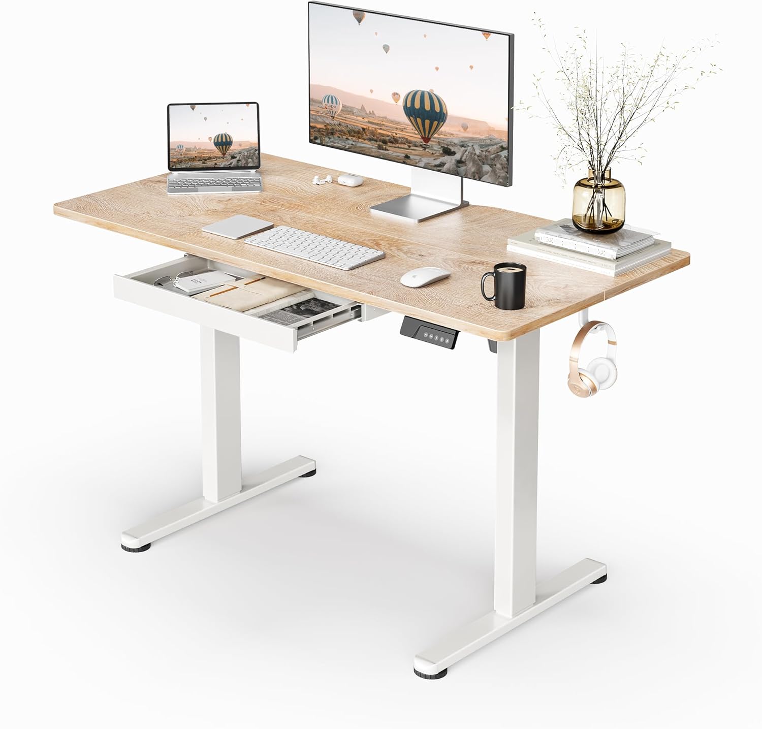 FEZIBO Standing Desk, 48 × 24 Inches Electric Height Adjustable, Sit and Stand Up, Computer Office Desk with Splice Board, White Frame/Maple TOP