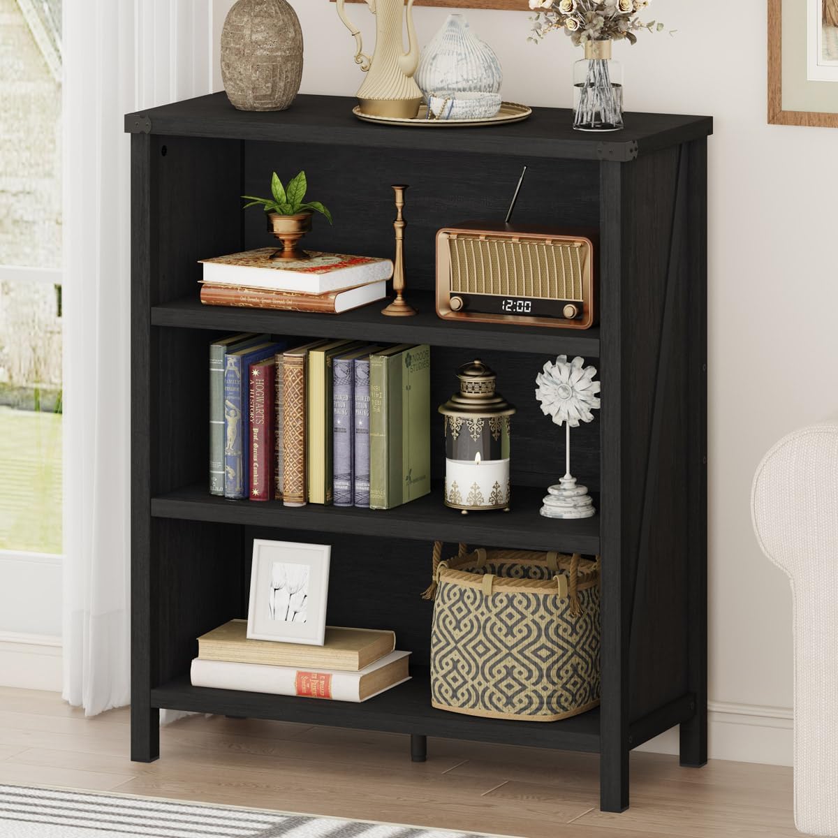 BON AUGURE Rustic Short Bookshelf, 3 Shelf Bookcase, Small Wood Low Book Cases/Shelves, Farmhouse Storage Tier Book Shelves for Home Office, Living Room, Small Space (Rustic Oak)