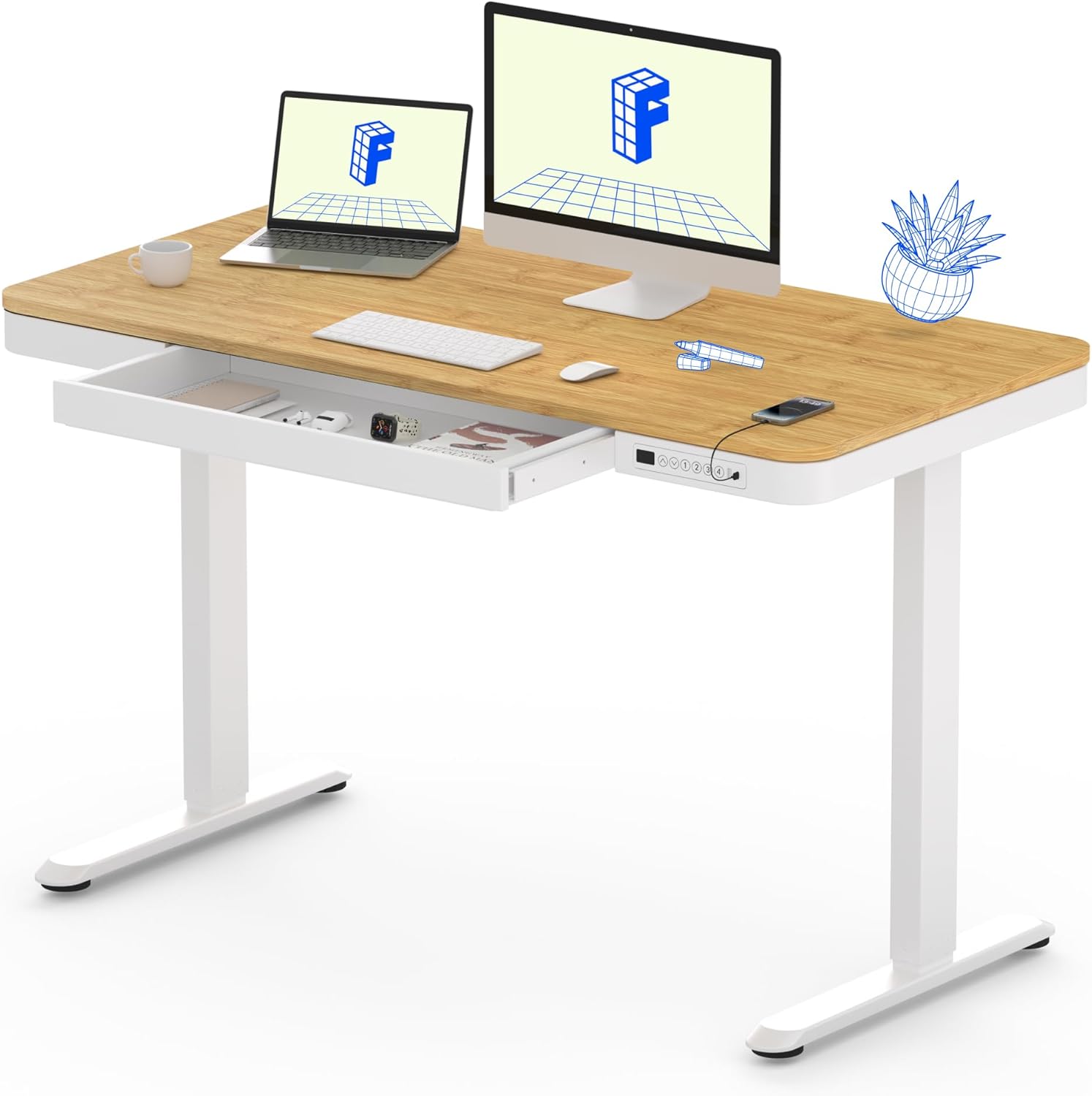 FLEXISPOT Comhar Electric Standing Desk with Drawers Charging USB A to C Port, Height Adjustable 48" Whole-Piece Home Office Computer Laptop Table with Storage (White Top + Frame)