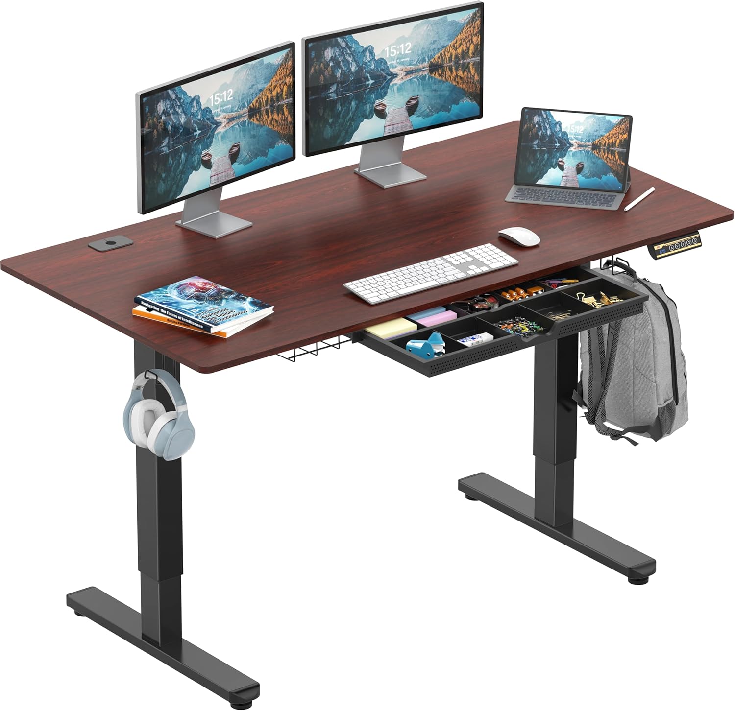 SHW 55 x 28 Inches Electric Height Adjustable Standing Desk with Drawer and Memory Preset, Maple