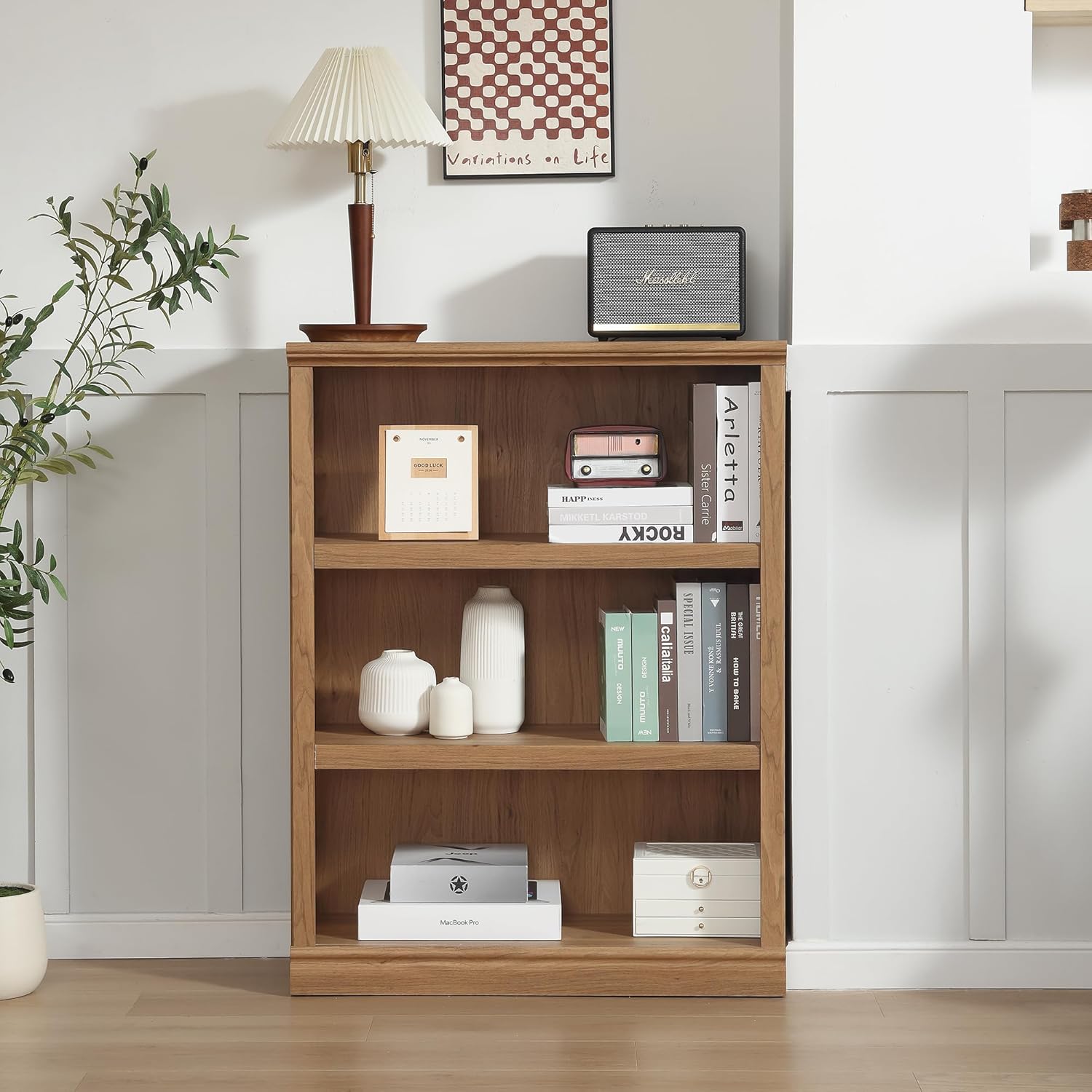 blini 3-Shelf Bookcase White Wooden Bookshelves 33in Wide Floor Standing Display Storage Book Shelves Tall Bookcase for Home Office, Living Room, Bedroom