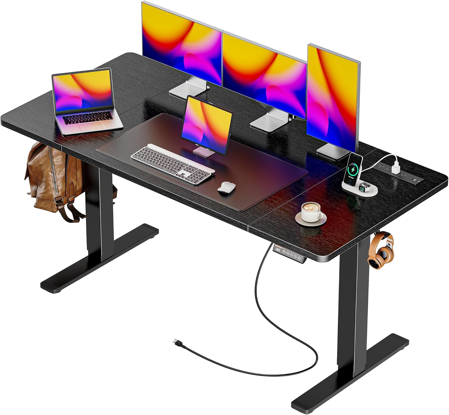 Huuger 63 x 28 Large Electric Standing Desk, Height Adjustable Computer Desk, 27.6" Deep Desktop, Stand up Gaming Office Table with 2 Hooks, 3 Preset Heights, for Home Office, Black