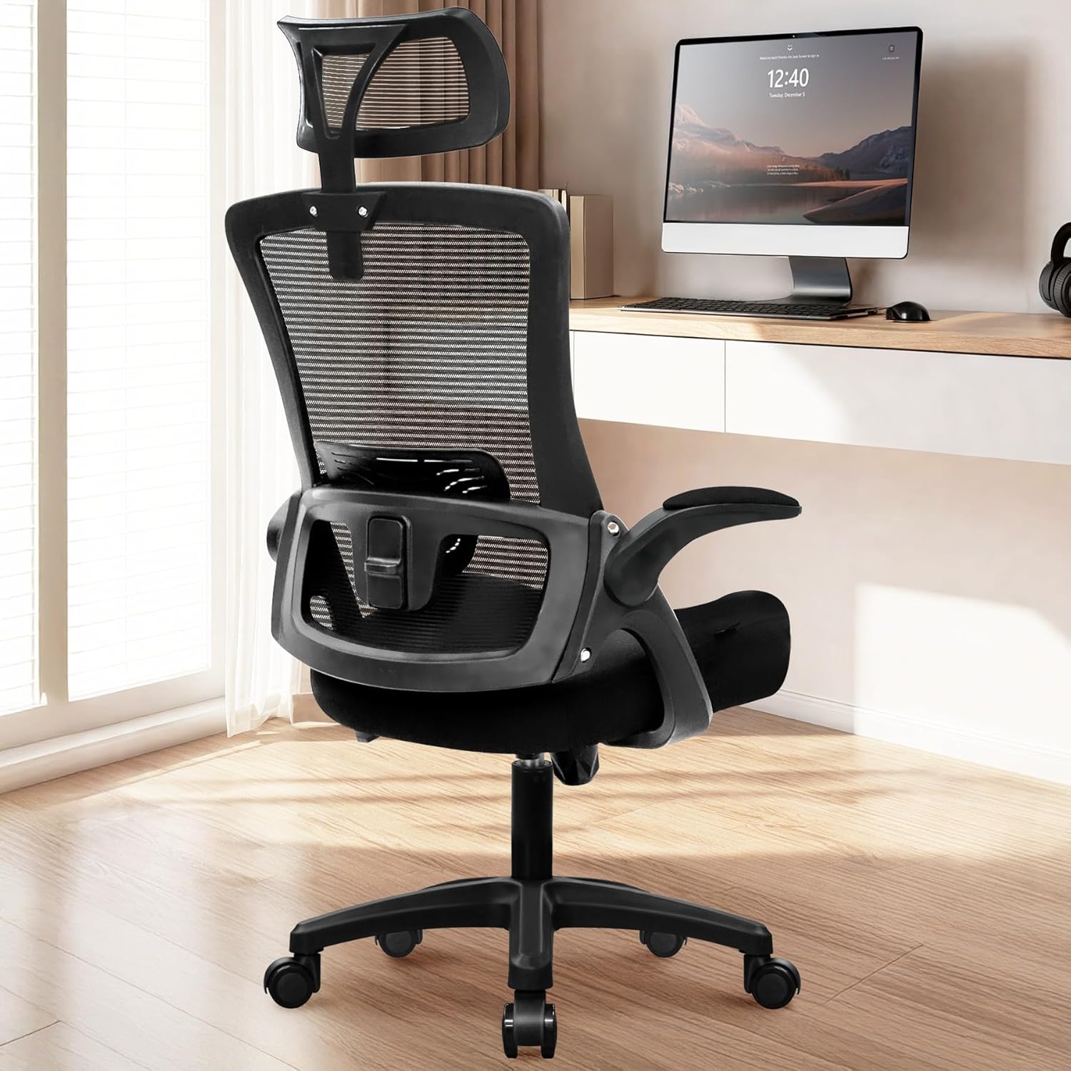 NEO CHAIR Office Desk Chair Computer High Back Mesh Gaming Seat with Ergonomic Adjustable Comfy Flip-up Armrests Lumbar Support Height for Home (Black)