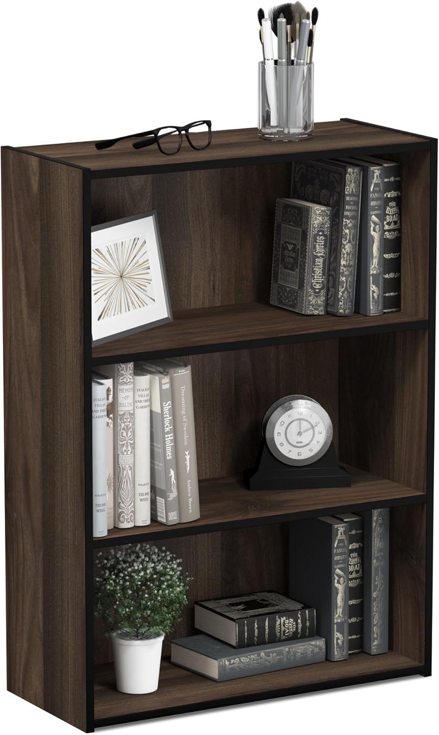 Furinno PASIR Book Shelf, 3-Tier Bookshelf, Bookcase, 9.7" x 23.7" x 31.5", for Living Room, Bedroom, Home Office, Blackwood