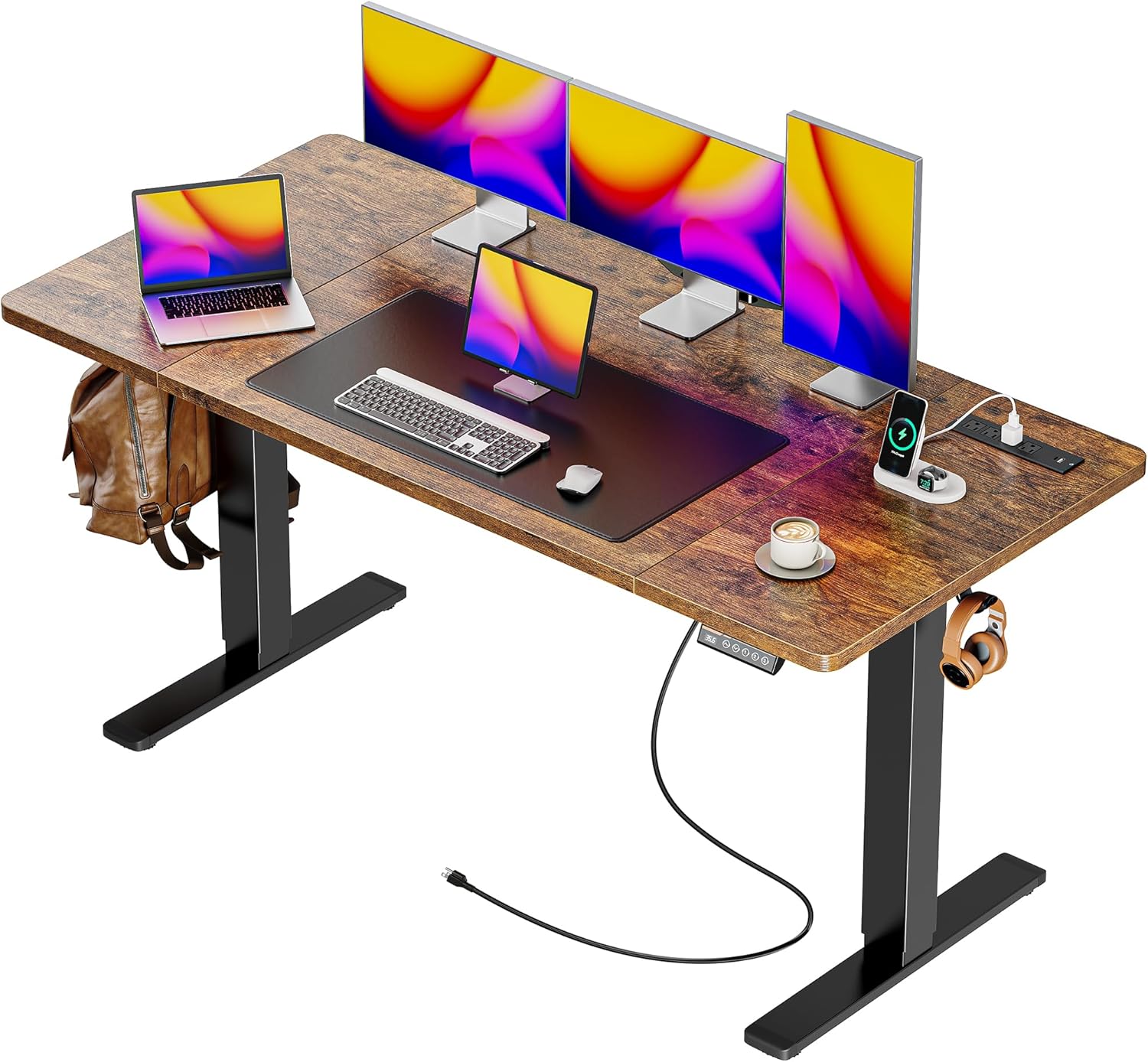 Huuger 63 x 28 Large Electric Standing Desk, Height Adjustable Computer Desk, 27.6" Deep Desktop, Stand up Gaming Office Table with 2 Hooks, 3 Preset Heights, for Home Office, Black