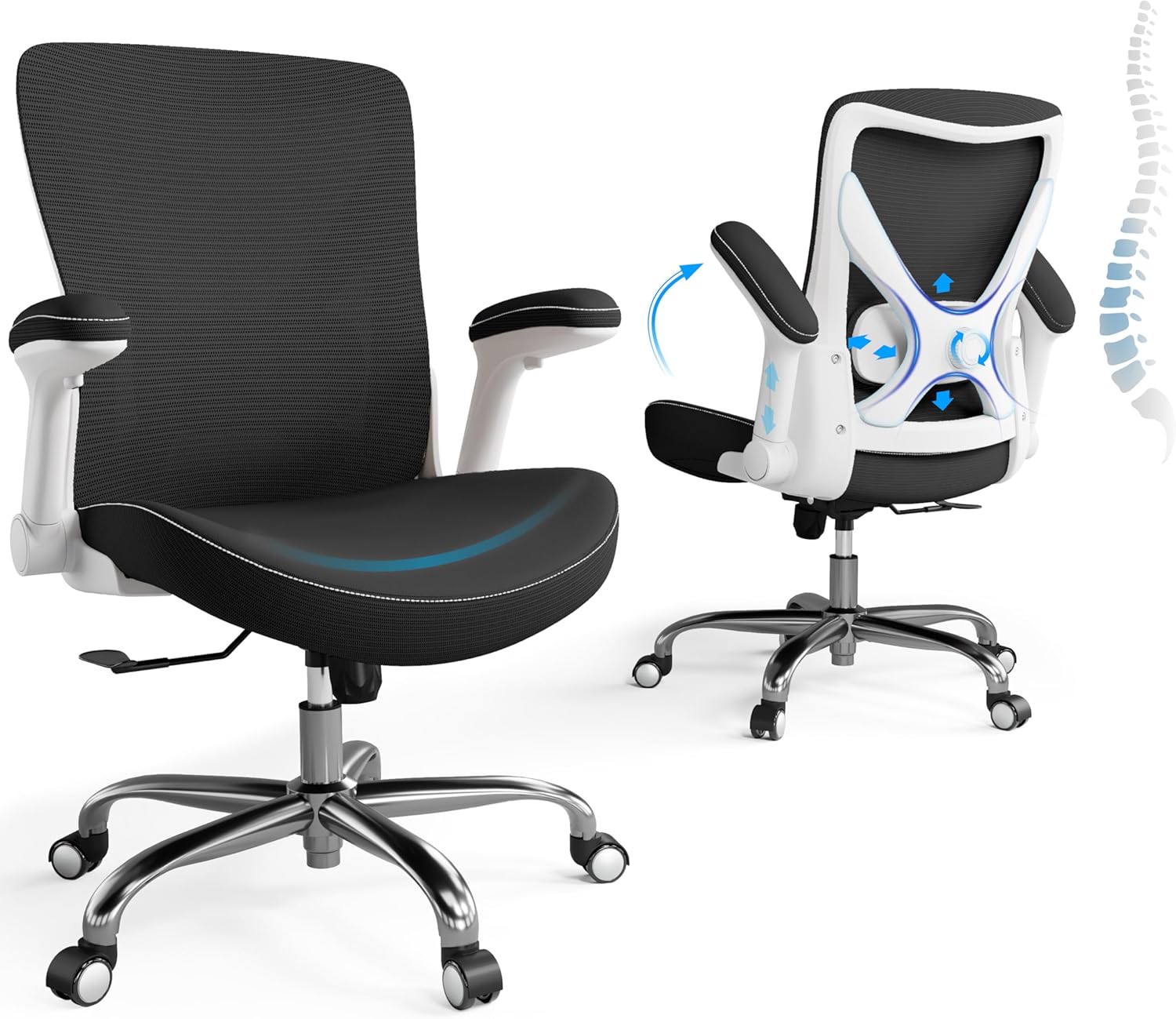 Ergonomic Office Chair-Computer X-Shaped Chair Mesh PU Leather with Adjustable Lumbar Support-Executive Desk Chair High Back with Headrest Flip-Up Arms for Long Hours (Black)