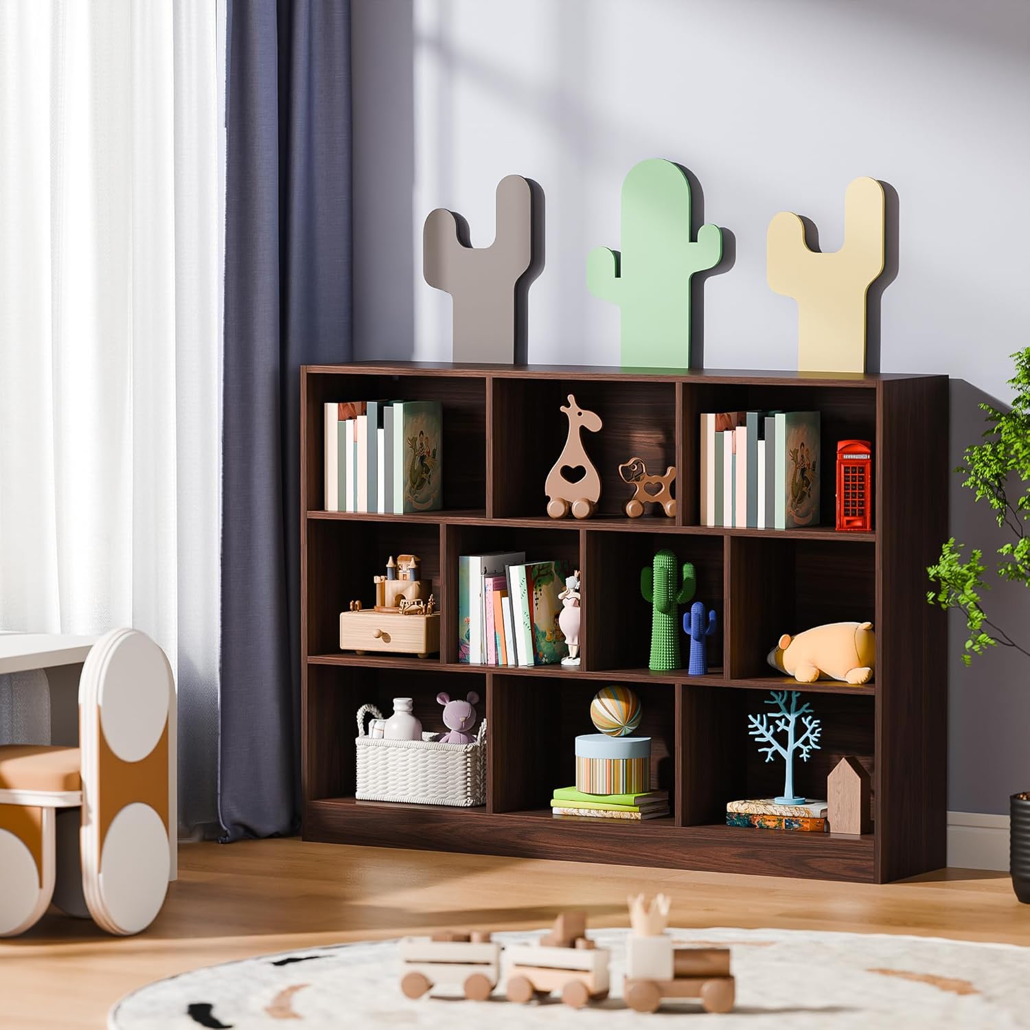 Cozy Castle Brown Bookshelf, 3-Tier Open Shelf Bookcase, 10 Cube Storage Organizer with Anti-Tilt Device, Freestanding Book Storage Shelves for Bedroom, Living Room