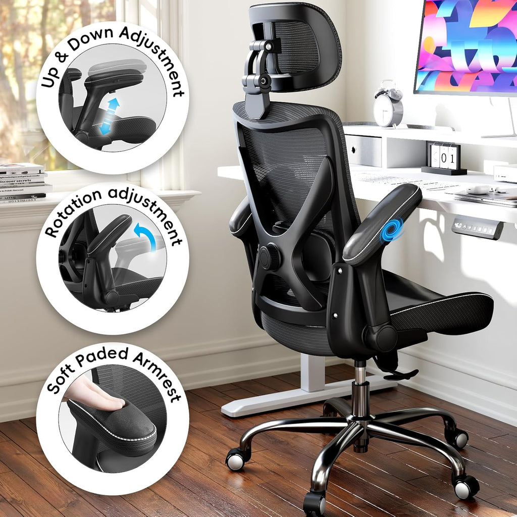Ergonomic Office Chair-Computer X-Shaped Chair Mesh PU Leather with Adjustable Lumbar Support-Executive Desk Chair High Back with Headrest Flip-Up Arms for Long Hours (Black)