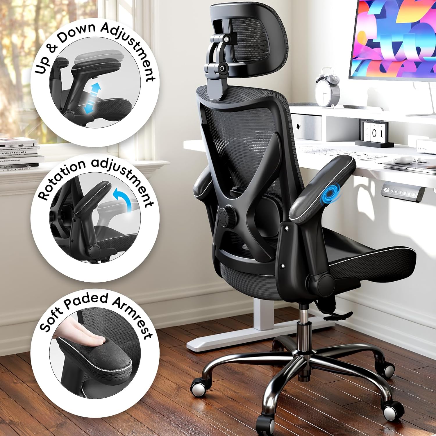 Ergonomic Office Chair-Computer X-Shaped Chair Mesh PU Leather with Adjustable Lumbar Support-Executive Desk Chair High Back with Headrest Flip-Up Arms for Long Hours (Black)