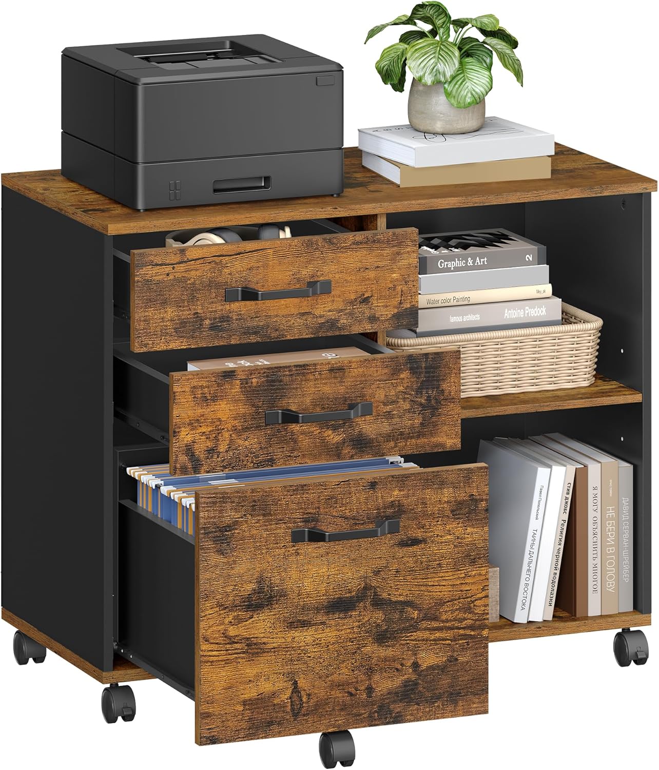 VASAGLE 2 Drawers File Cabinet with Lock, Printer Stand, Office Filing Cabinet Organizer, for A4 and Letter Size Documents, Rustic Brown and Ink Black UOFC061B01