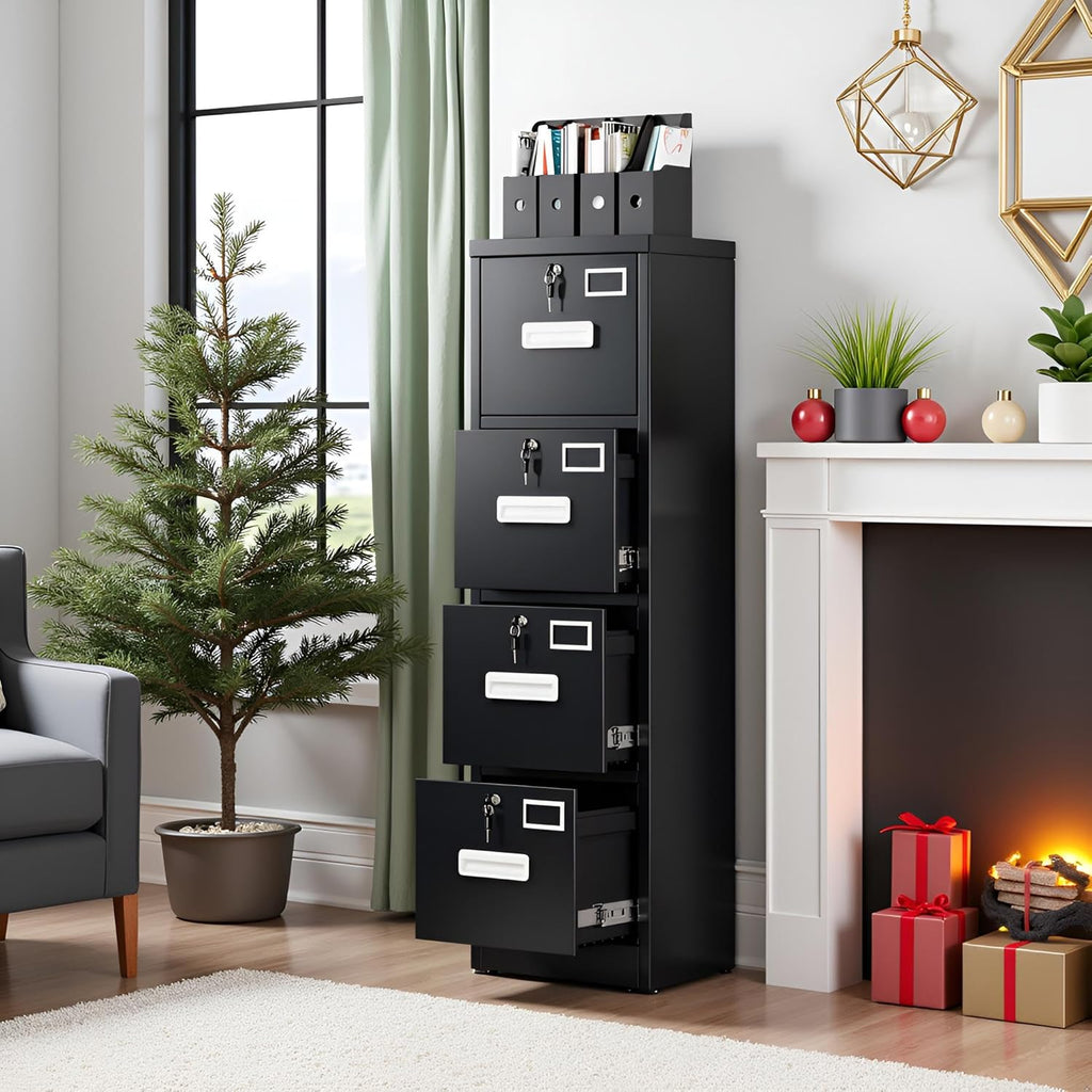 SUXXAN 4 Drawer File Cabinet, Metal Vertical Black Filing Cabinets with Locks Name Card Holder for Home Office, Assembly Required