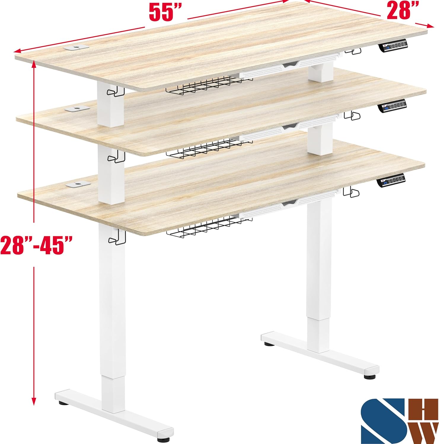 SHW 55 x 28 Inches Electric Height Adjustable Standing Desk with Drawer and Memory Preset, Maple