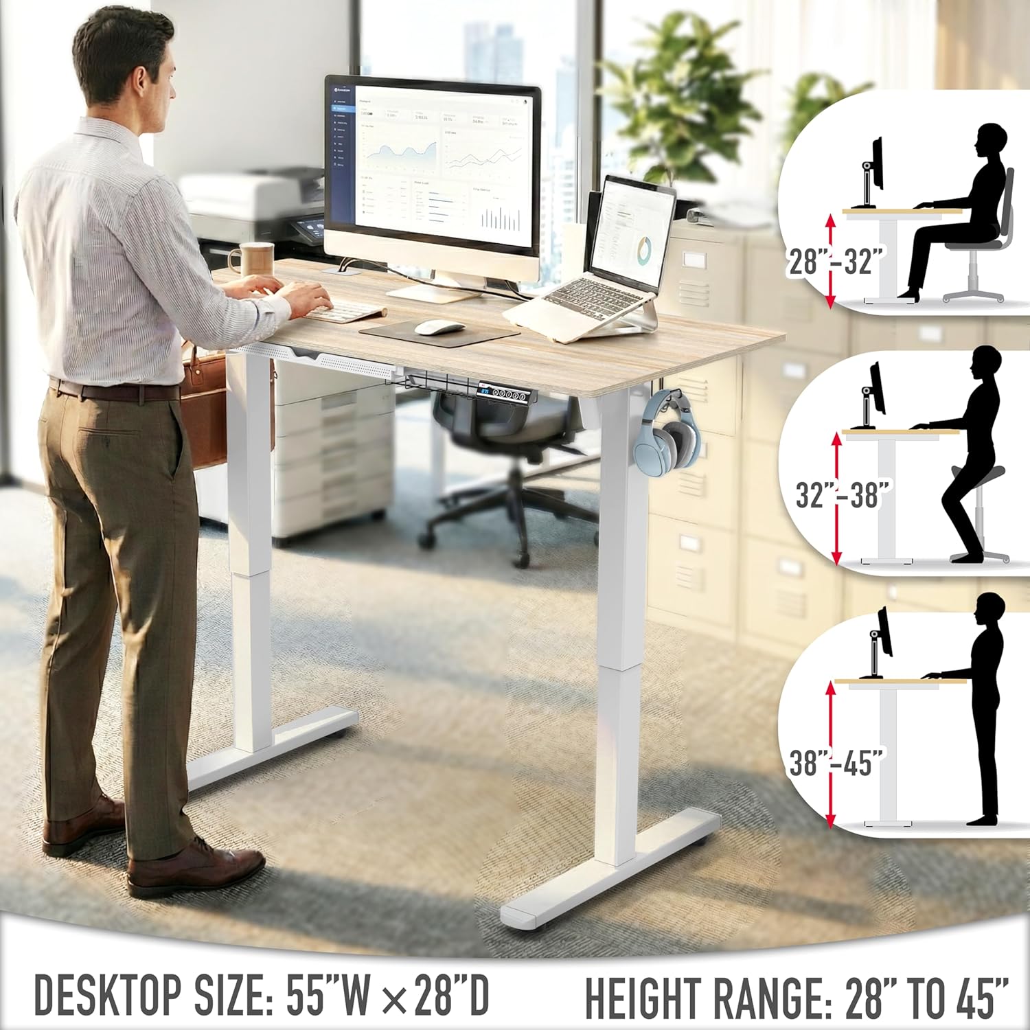 SHW 55 x 28 Inches Electric Height Adjustable Standing Desk with Drawer and Memory Preset, Maple