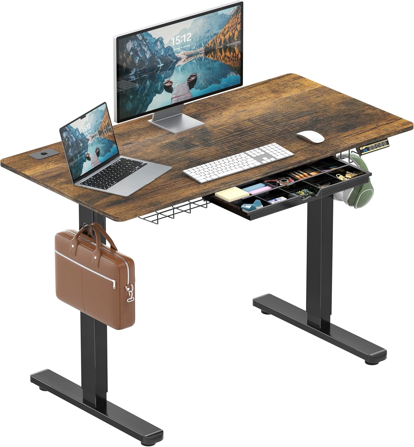 SHW 55 x 28 Inches Electric Height Adjustable Standing Desk with Drawer and Memory Preset, Maple