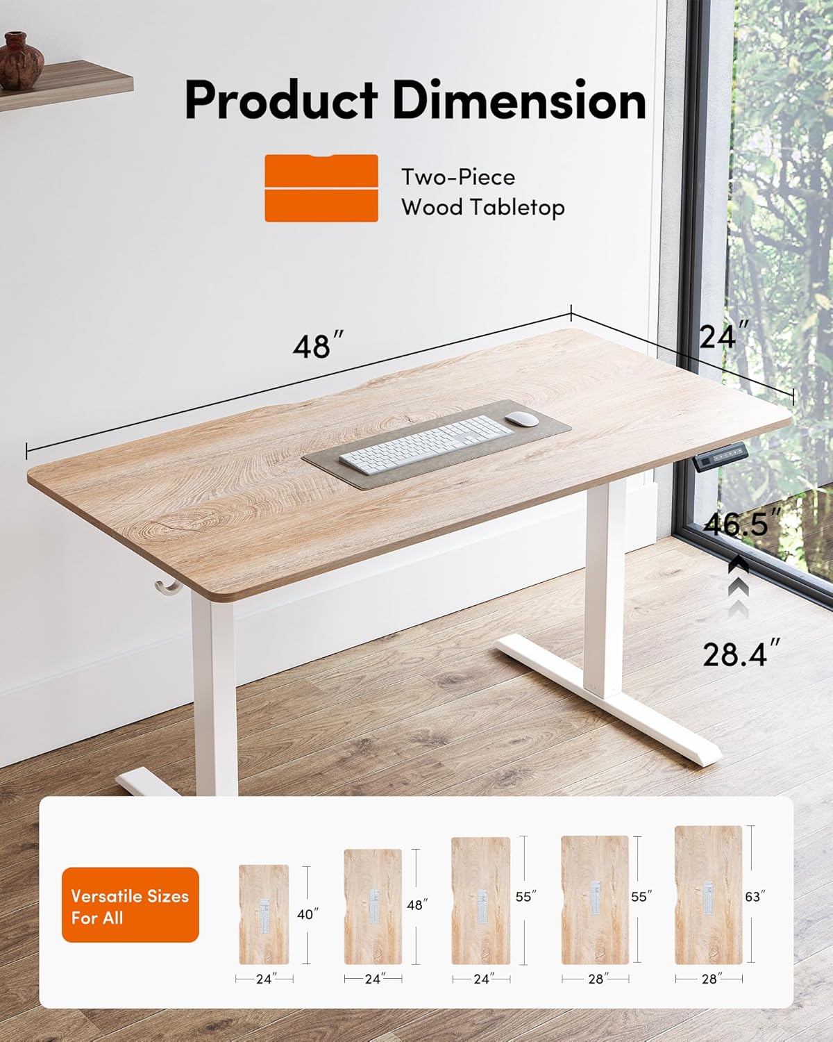 FEZIBO Standing Desk, 48 × 24 Inches Electric Height Adjustable, Sit and Stand Up, Computer Office Desk with Splice Board, White Frame/Maple TOP