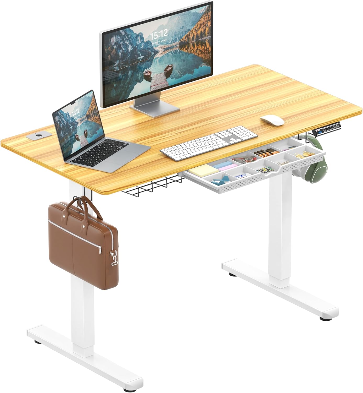 SHW 55 x 28 Inches Electric Height Adjustable Standing Desk with Drawer and Memory Preset, Maple
