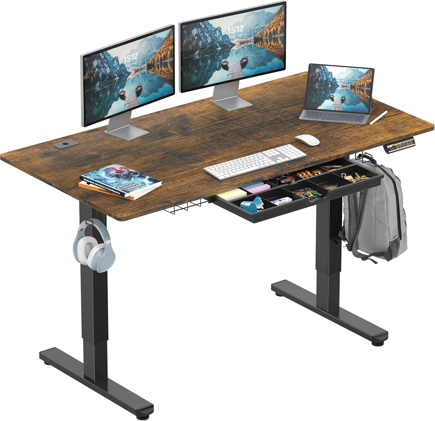SHW 55 x 28 Inches Electric Height Adjustable Standing Desk with Drawer and Memory Preset, Maple