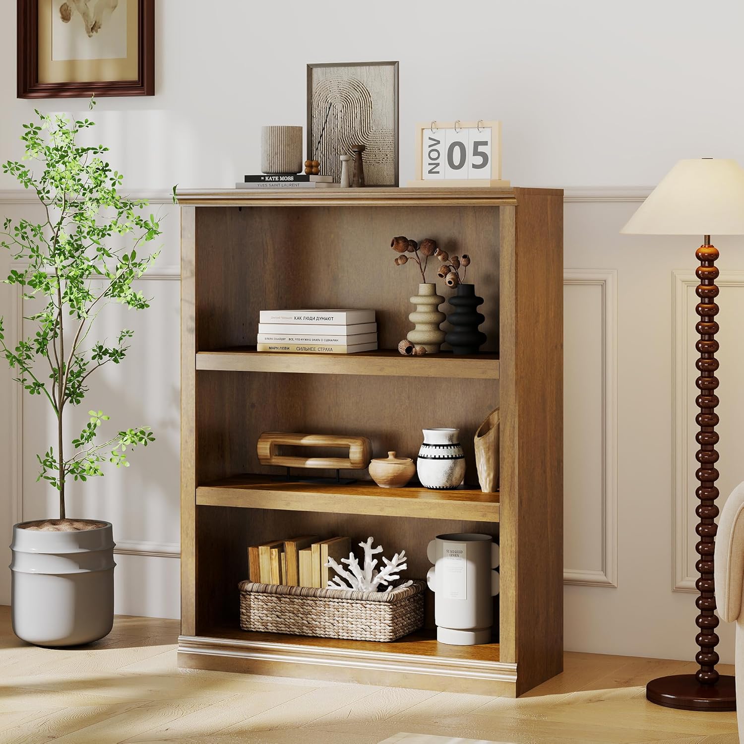 blini 3-Shelf Bookcase White Wooden Bookshelves 33in Wide Floor Standing Display Storage Book Shelves Tall Bookcase for Home Office, Living Room, Bedroom