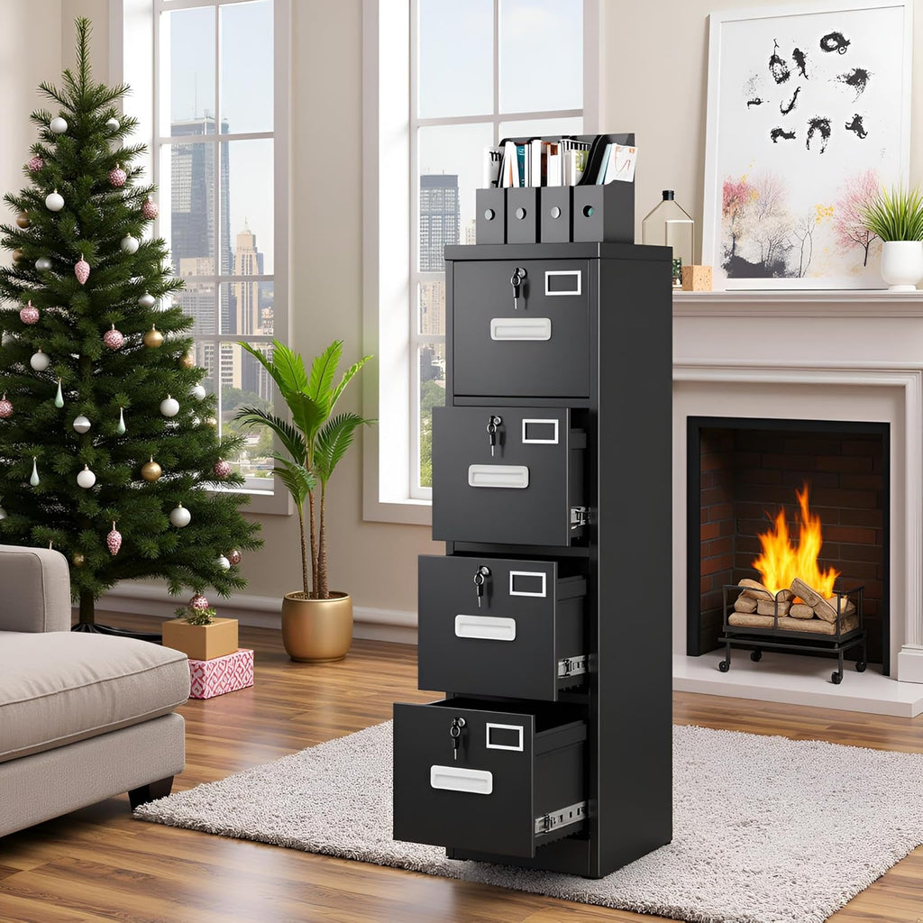 SUXXAN 4 Drawer File Cabinet, Metal Vertical Black Filing Cabinets with Locks Name Card Holder for Home Office, Assembly Required