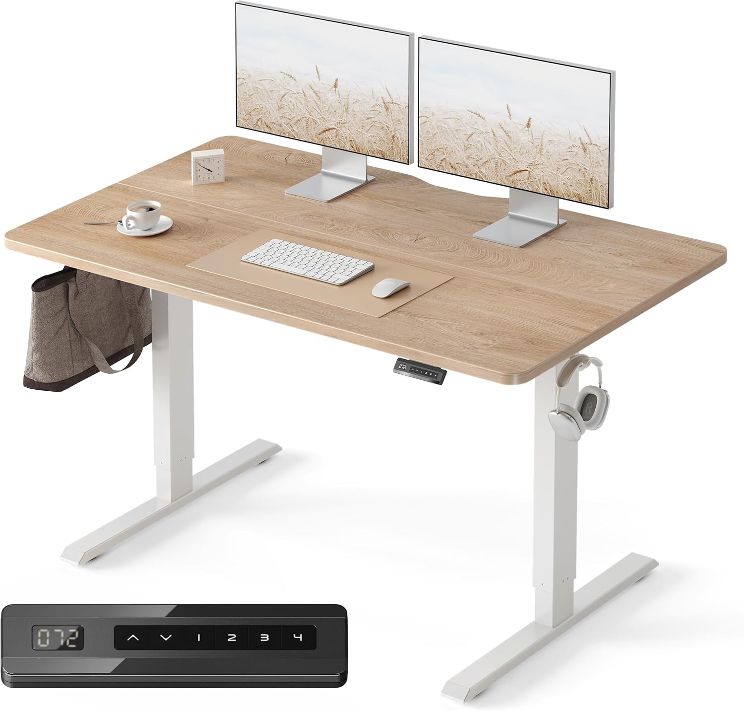 FEZIBO Standing Desk, 48 × 24 Inches Electric Height Adjustable, Sit and Stand Up, Computer Office Desk with Splice Board, White Frame/Maple TOP