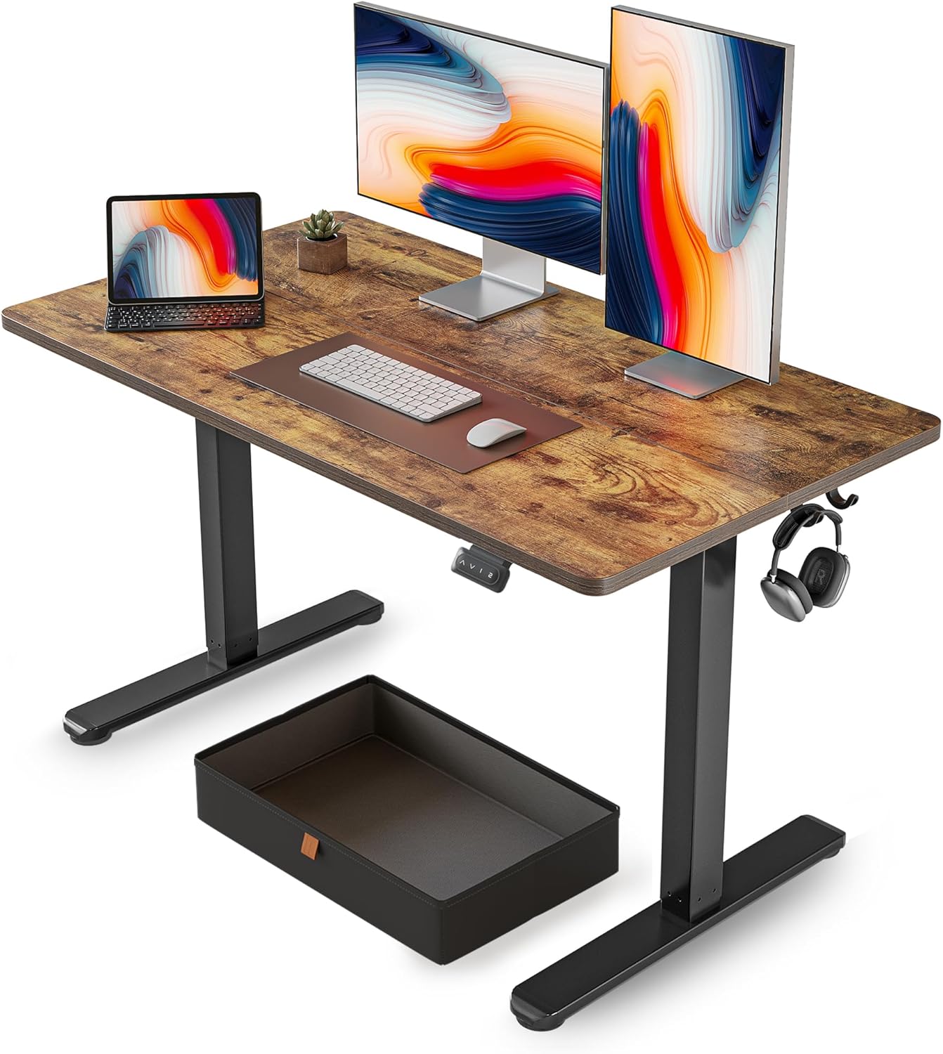 FEZIBO Standing Desk, 48 × 24 Inches Electric Height Adjustable, Sit and Stand Up, Computer Office Desk with Splice Board, White Frame/Maple TOP