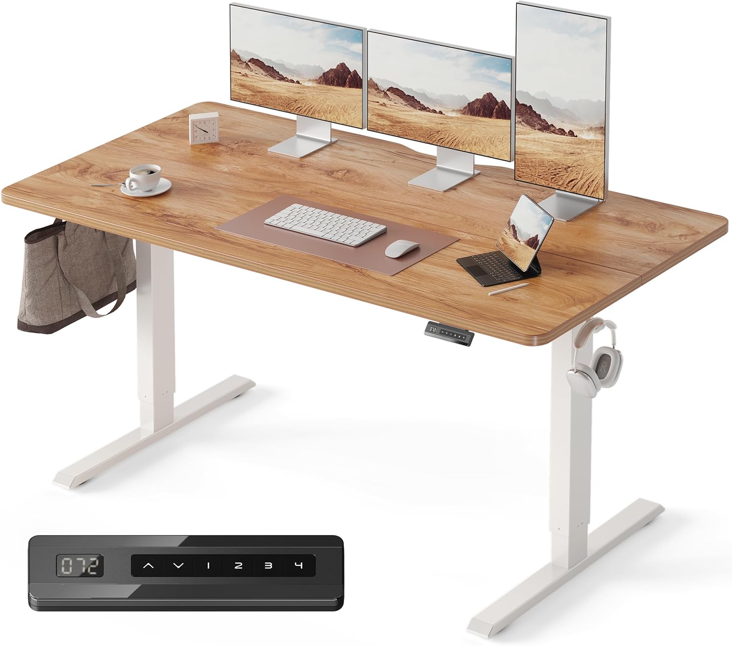 FEZIBO Standing Desk, 48 × 24 Inches Electric Height Adjustable, Sit and Stand Up, Computer Office Desk with Splice Board, White Frame/Maple TOP