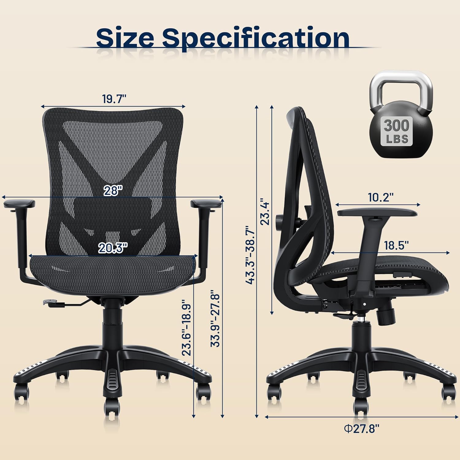 Ergonomic Office Chair, Mesh Computer Desk Chairs with Adjustable Lumbar Support, 3D Armrests, Tilt Function, Comfy Wide Seat, Swivel Executive Work Task Chair for Company and Home