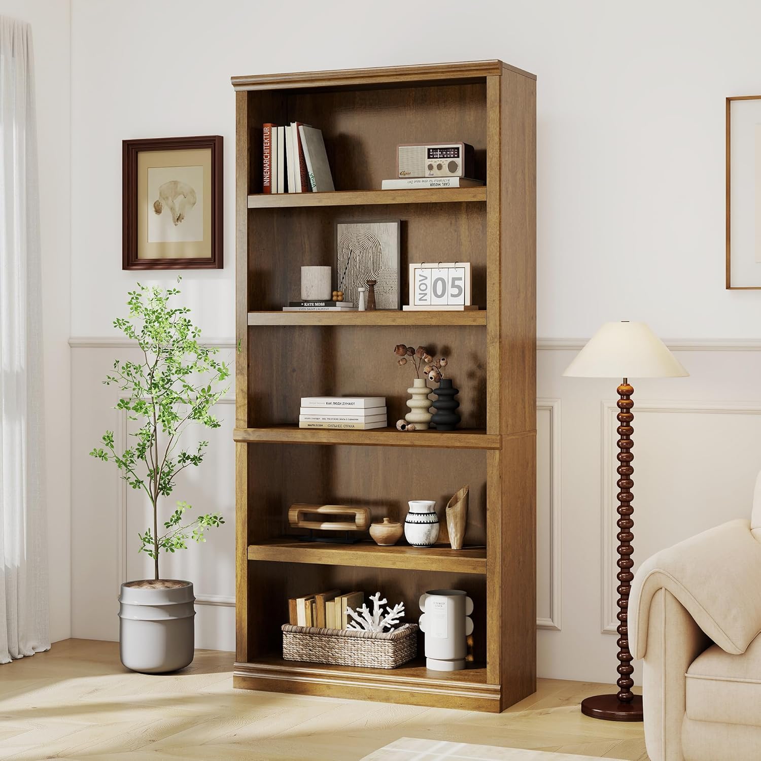 blini 3-Shelf Bookcase White Wooden Bookshelves 33in Wide Floor Standing Display Storage Book Shelves Tall Bookcase for Home Office, Living Room, Bedroom