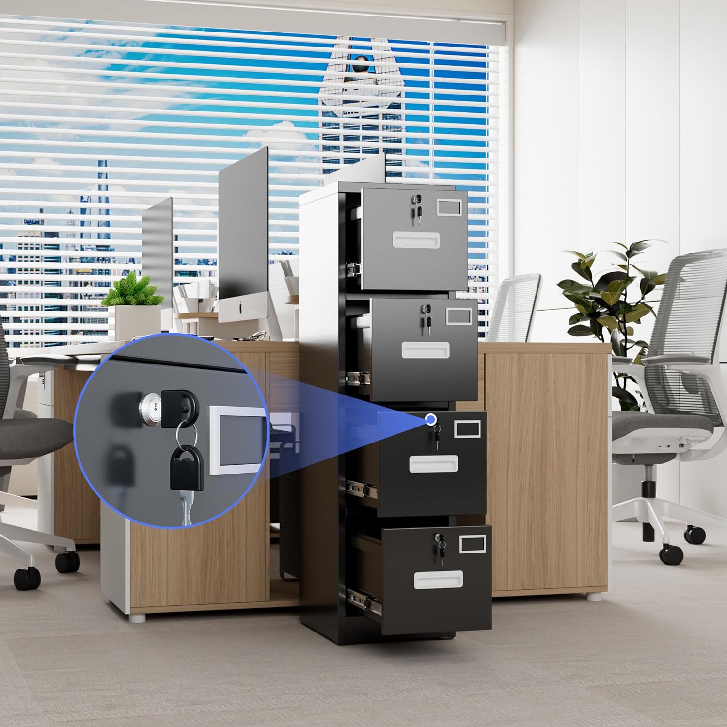 SUXXAN 4 Drawer File Cabinet, Metal Vertical Black Filing Cabinets with Locks Name Card Holder for Home Office, Assembly Required