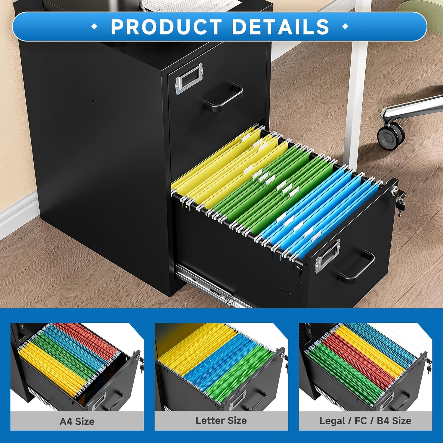 2 Drawer File Cabinet with Lock Vertical Filing Storage Cabinet Office Home Steel Vertical File Cabinets for Letter Size File Cabinet Locked,Assembly Required